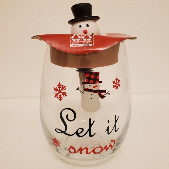 NWT Holiday Time 19oz Stemless "Let It Snow" Wine Glass w/Snowman Bottle Stopper - Picture 3 of 6